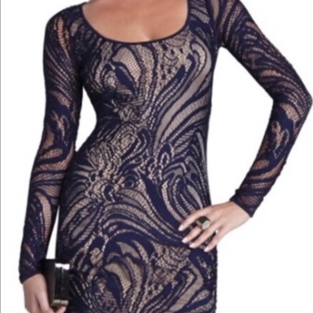 Bcbg L/S navy knee length body on dress XS